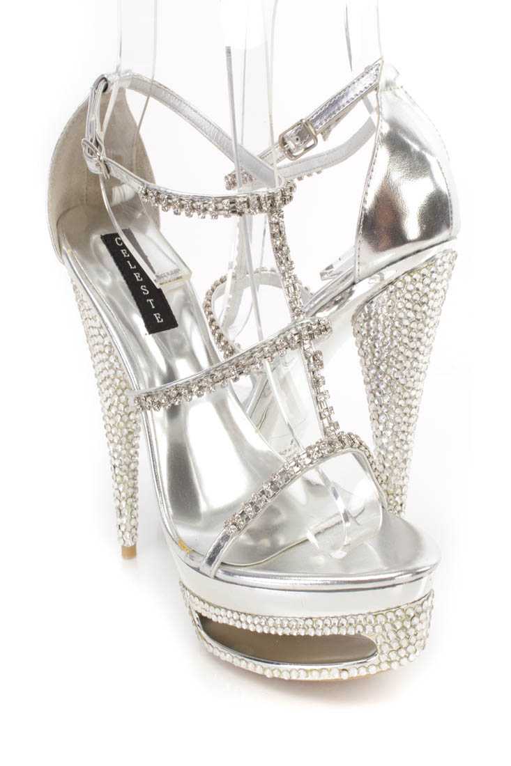 Silver Rhinestone Strappy Platform 6 Inch High Heels Faux Leather