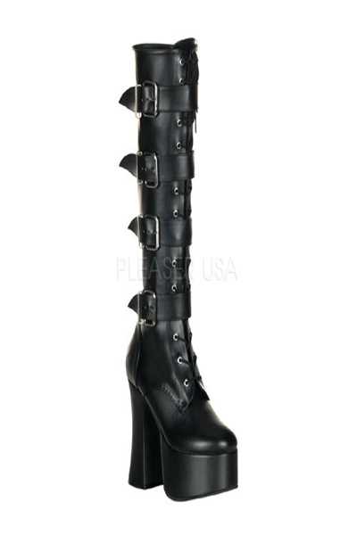 Black Both Punk GoGo Buckle Accent Knee High Boots Faux Leather