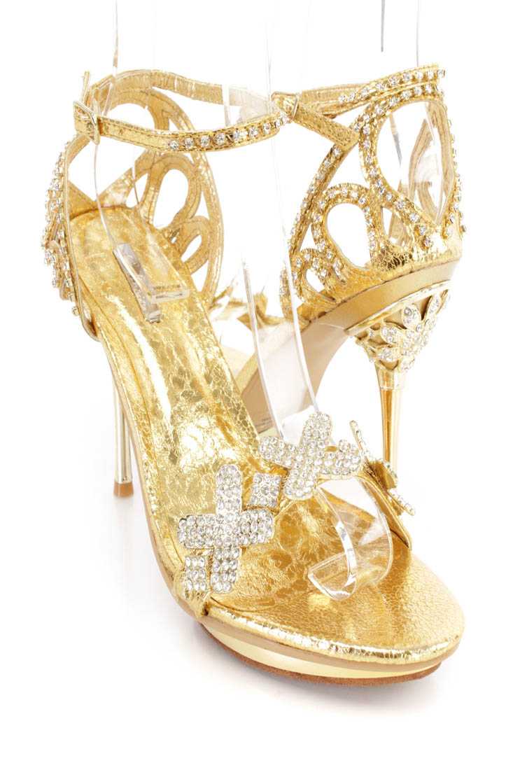 Gold Rhinestone Strappy High Heels Metallic Faux Leather