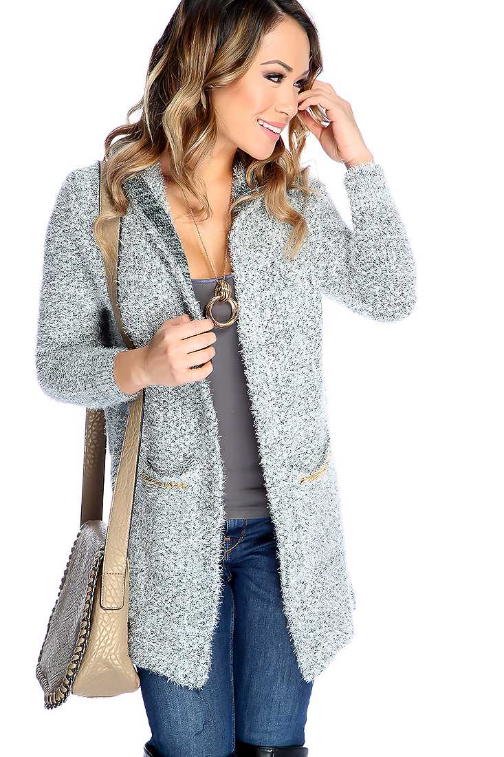 Mint Mohair Open Front Spike Studded Hooded Sweater