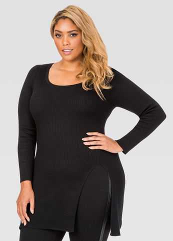 Slit Front Fitted Ribbed Sweater