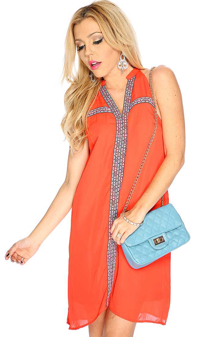 Orange Embroidered V-neck Sleeveless Casual Cute Dress