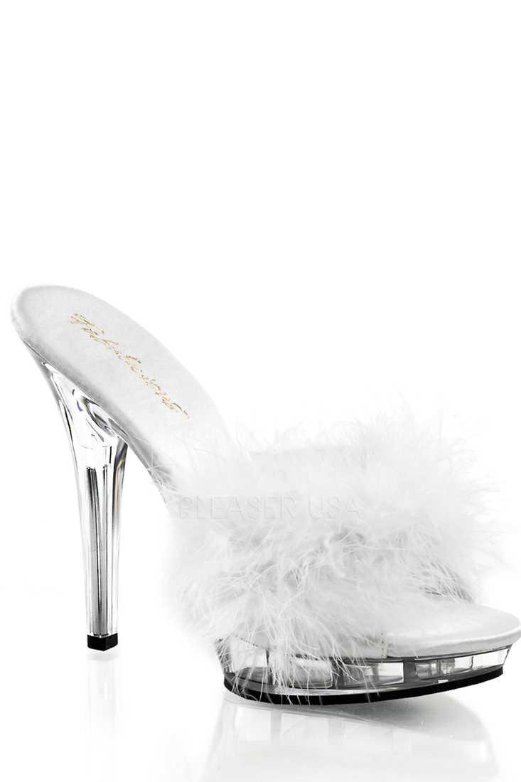 White Marabou Faux Fur Slip On High Heels Satin