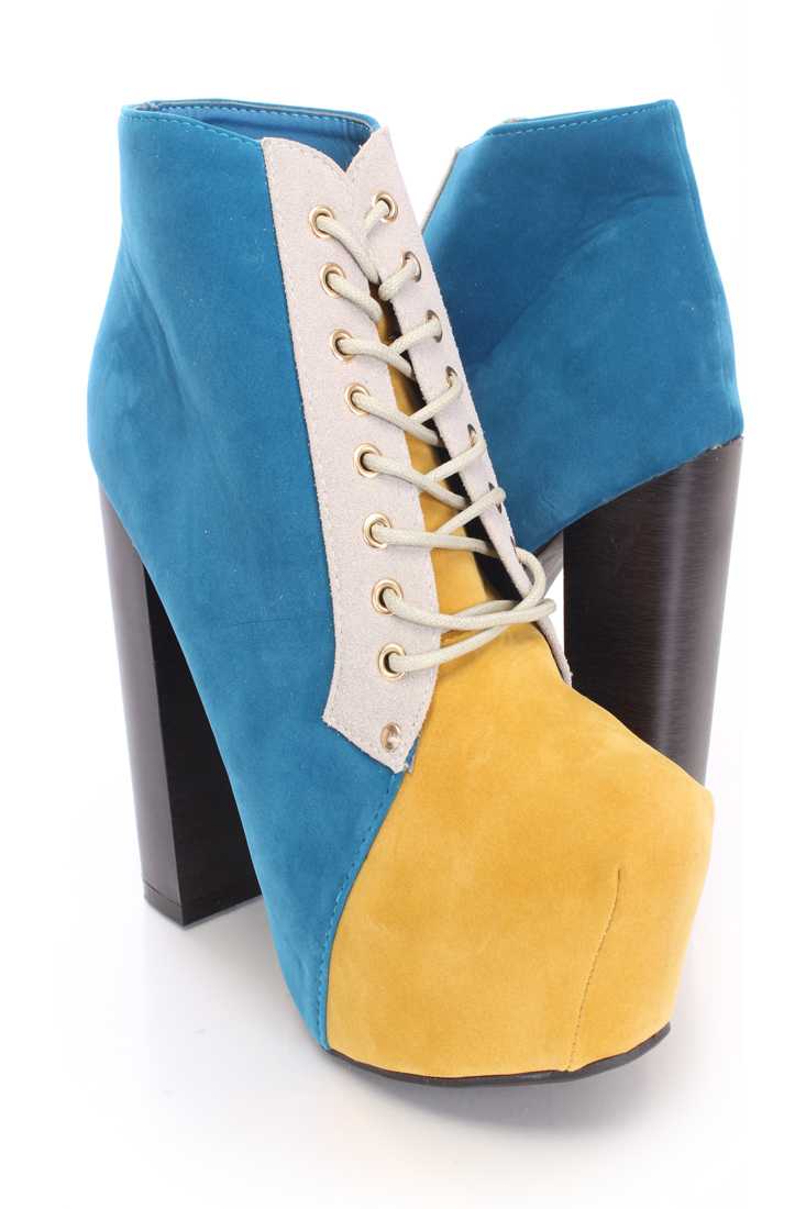 Royal Blue Yellow Colorblock Lace Up Ankle Boots