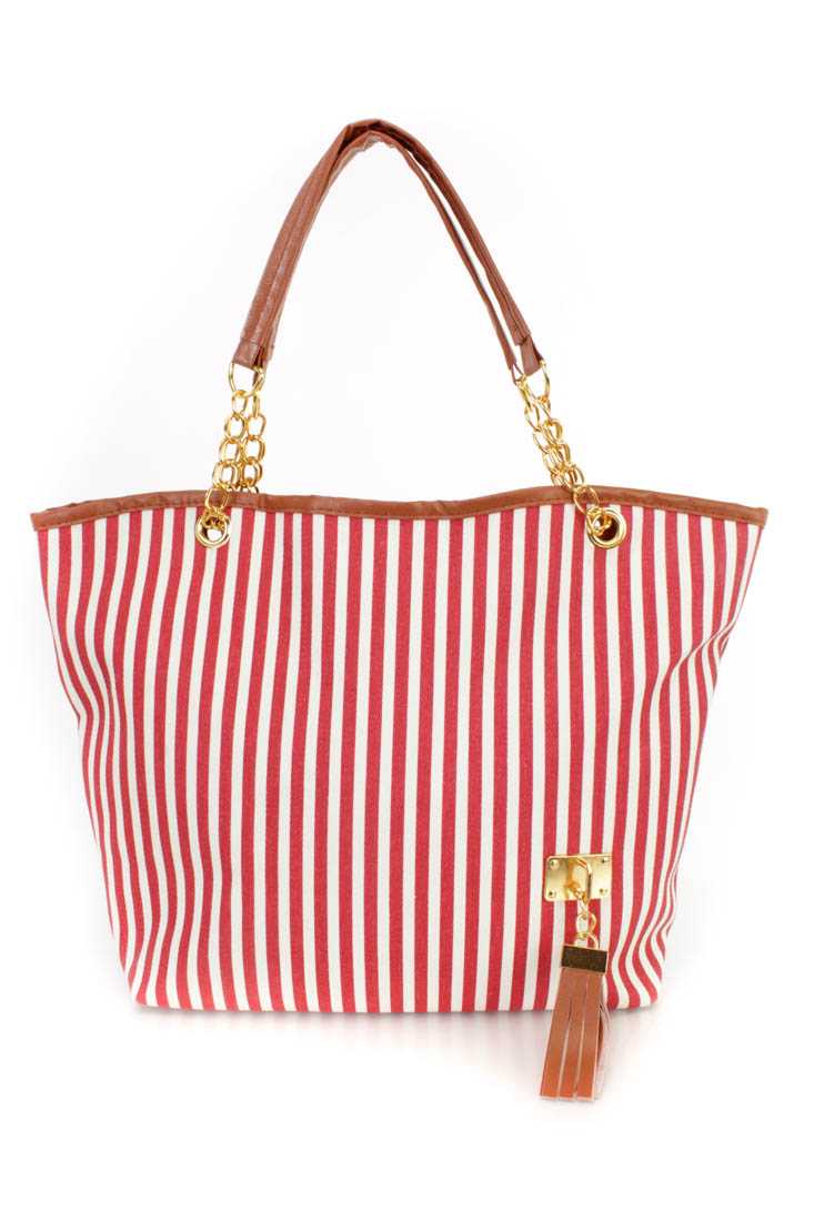 Red White Tassel Accent Faux Leather Trim Canvas Tote