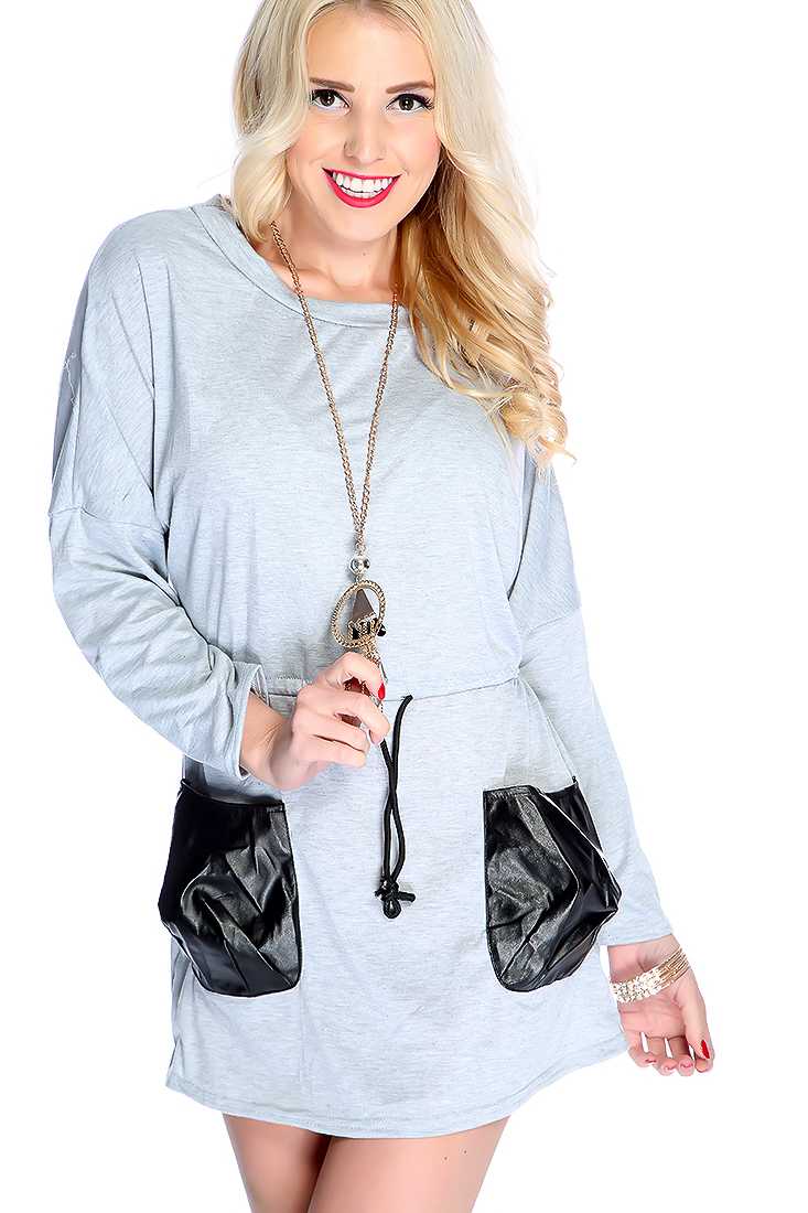 Grey Long Sleeve Side Pocket Dress