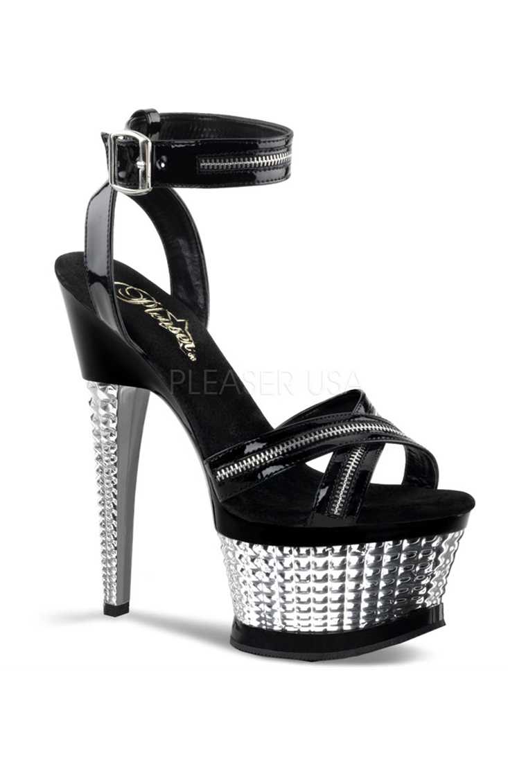 Black Silver Chrome Wrap Around Sandal Heels with Zipper Detail Patent