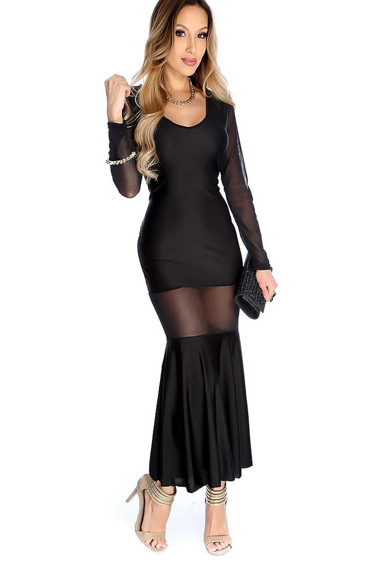 Sexy Black Mesh Cut Out Long Sleeve Maxi Dress