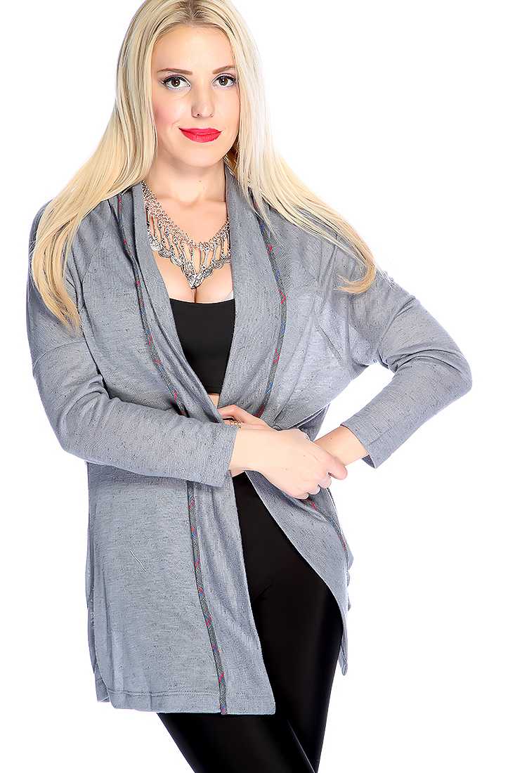 Grey Long Sleeves Open Front Two Tone Cardigan