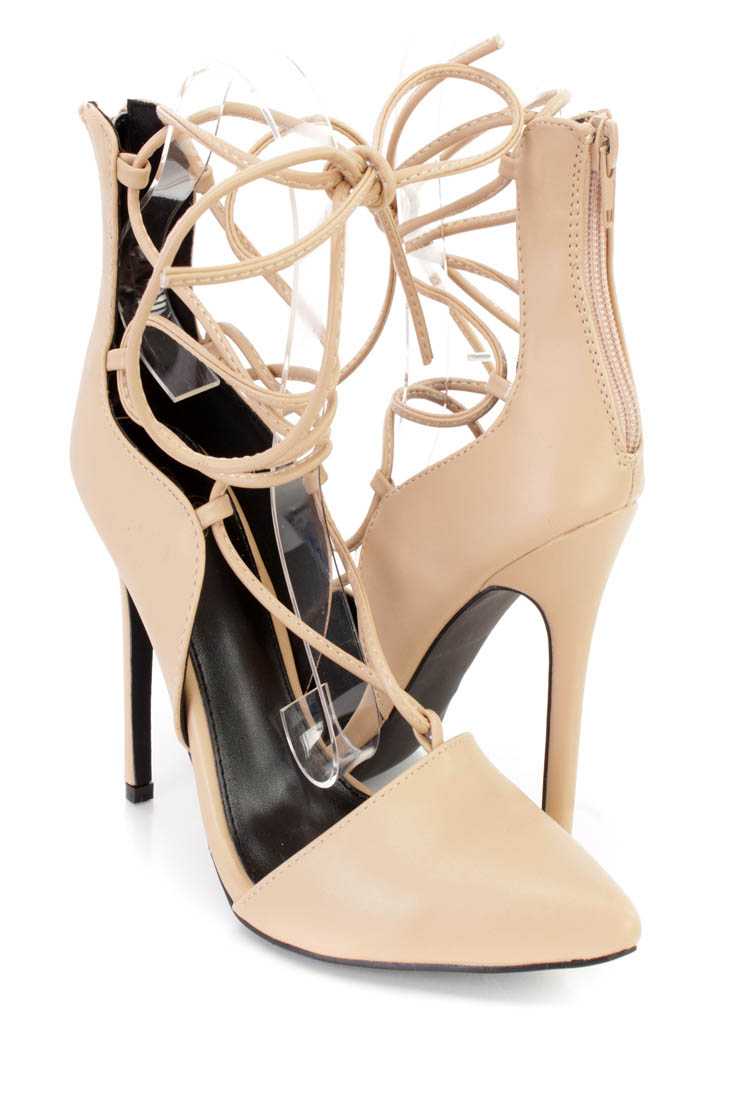 Nude Wrap Around Tie Single Sole High Heels Faux Leather