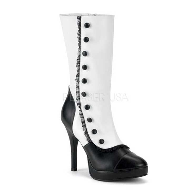 White Black Faux Leather Ruffle Button Boots
