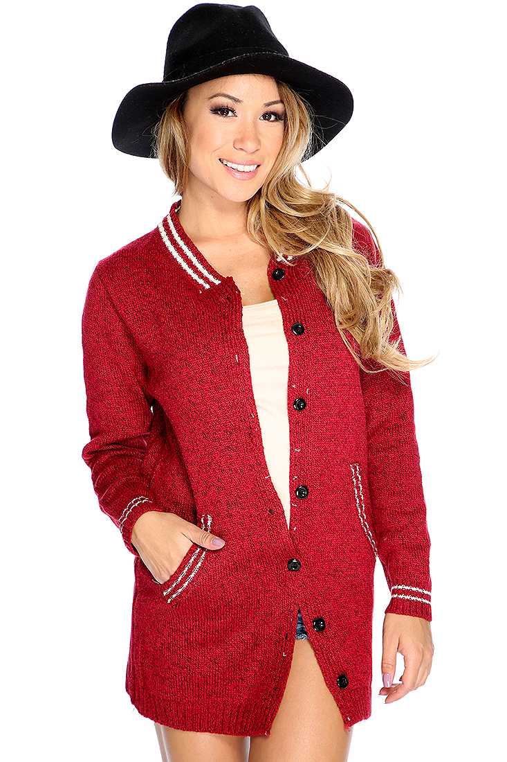 Wine Long Sleeve Two Tone Button Up Cute Fall Cardigan
