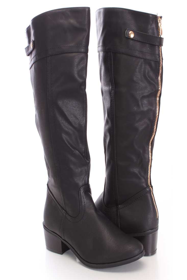 Black Almond Toe Riding Boots Faux Leather