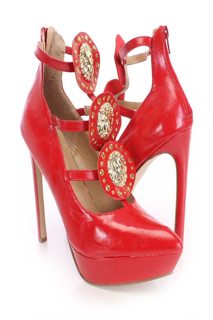 Red Lion Head Platform Heels Faux Leather