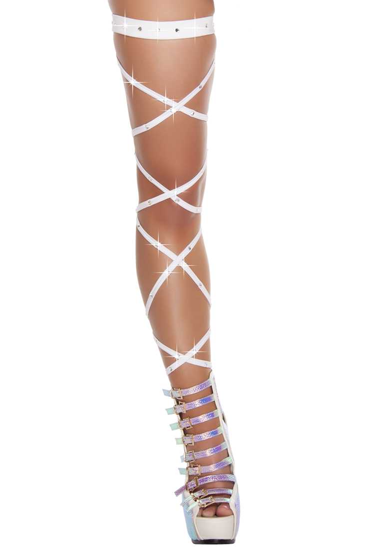 White Solid Leg Strap with Attached Garter with Rhinestone Detail