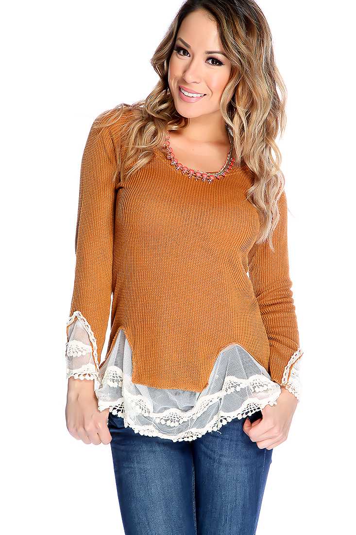 Tan Long Sleeves Lace Detailing Sweater