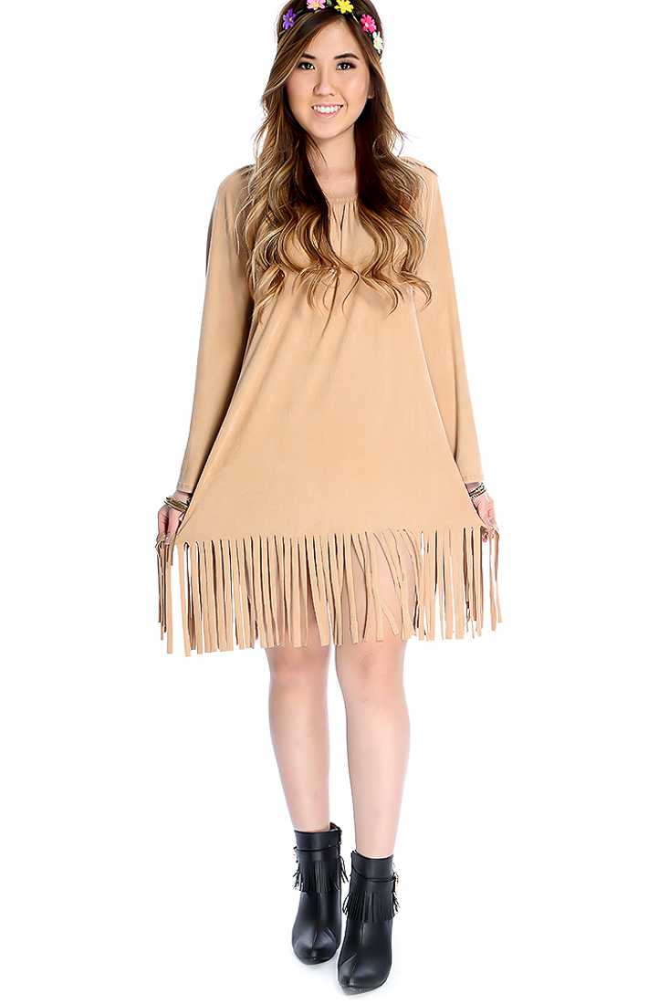 Sexy Camel Long Sleeve Fringe Detail Casual Dress