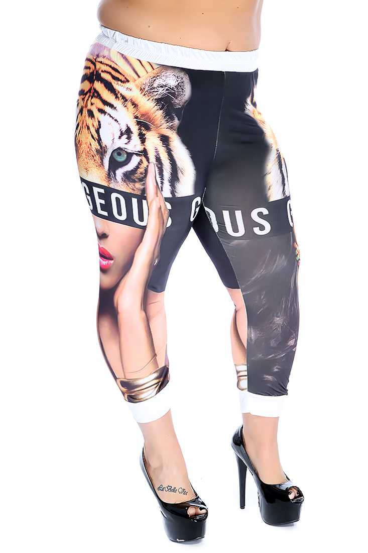 Stylish Black Tiger Plus Size Graphic Print Pants