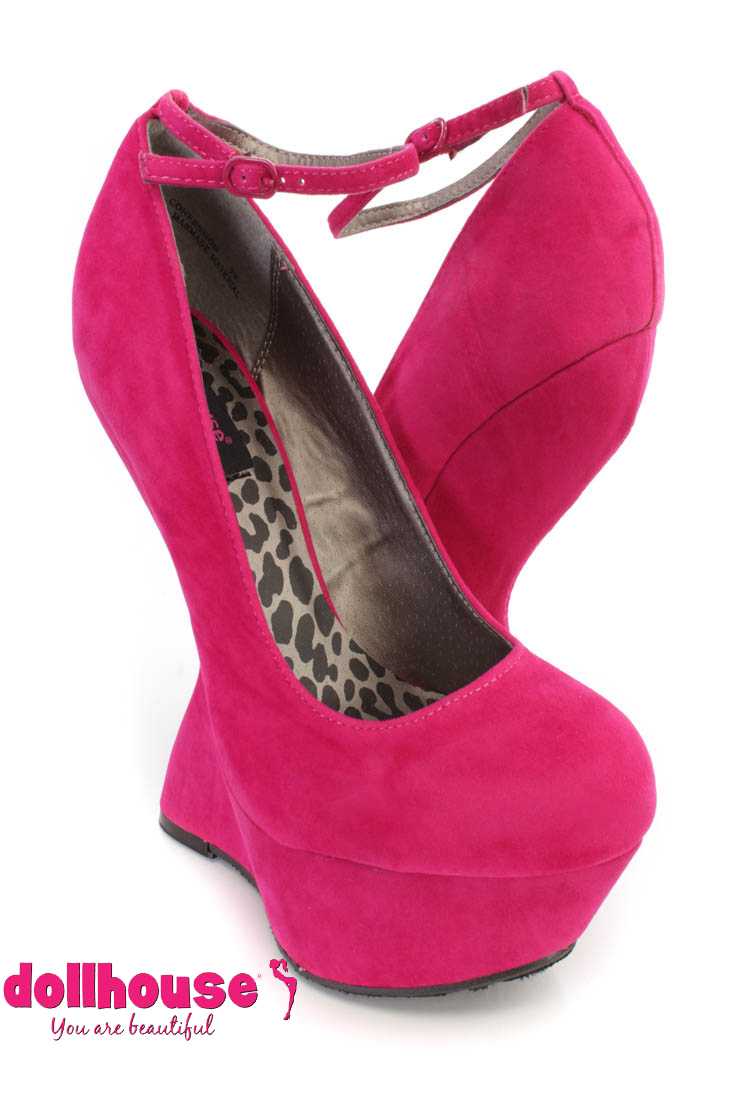 Raspberry Ankle Strap Platform Curved Wedges Faux Suede