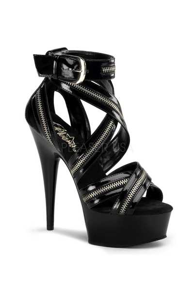Black Patent Zipper Strappy Peep Toe High Heels
