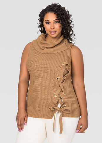 Lace-Up Side Cowl Neck Sweater