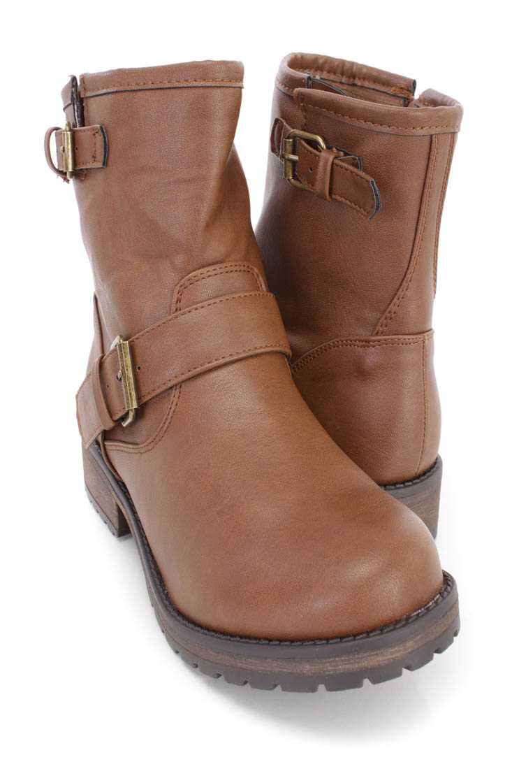 Tan Buckled Strap Ankle Boots Faux Leather
