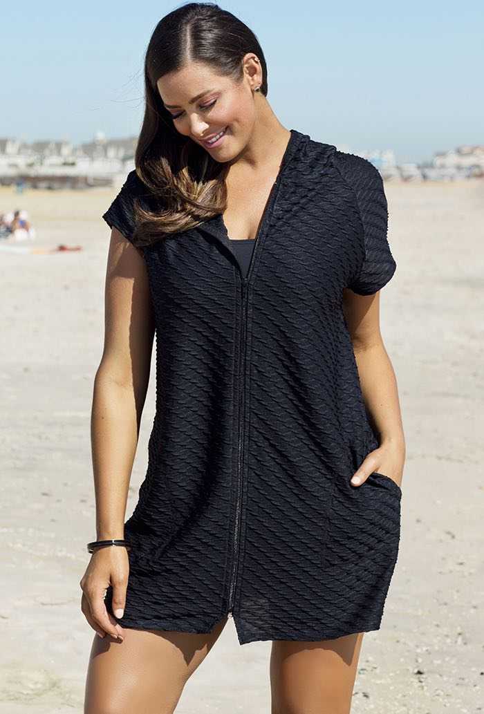 Black Waffle Knit Zip Front Hoodie