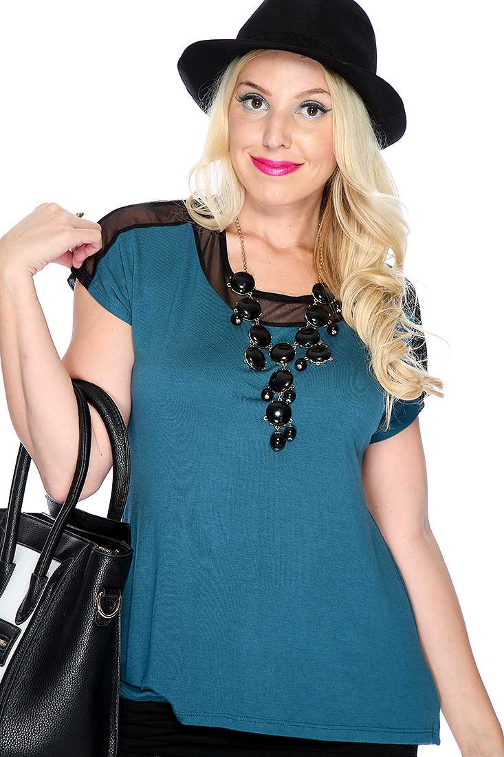 Teal Black Short Sleeves Mesh Cut Out Casual Top