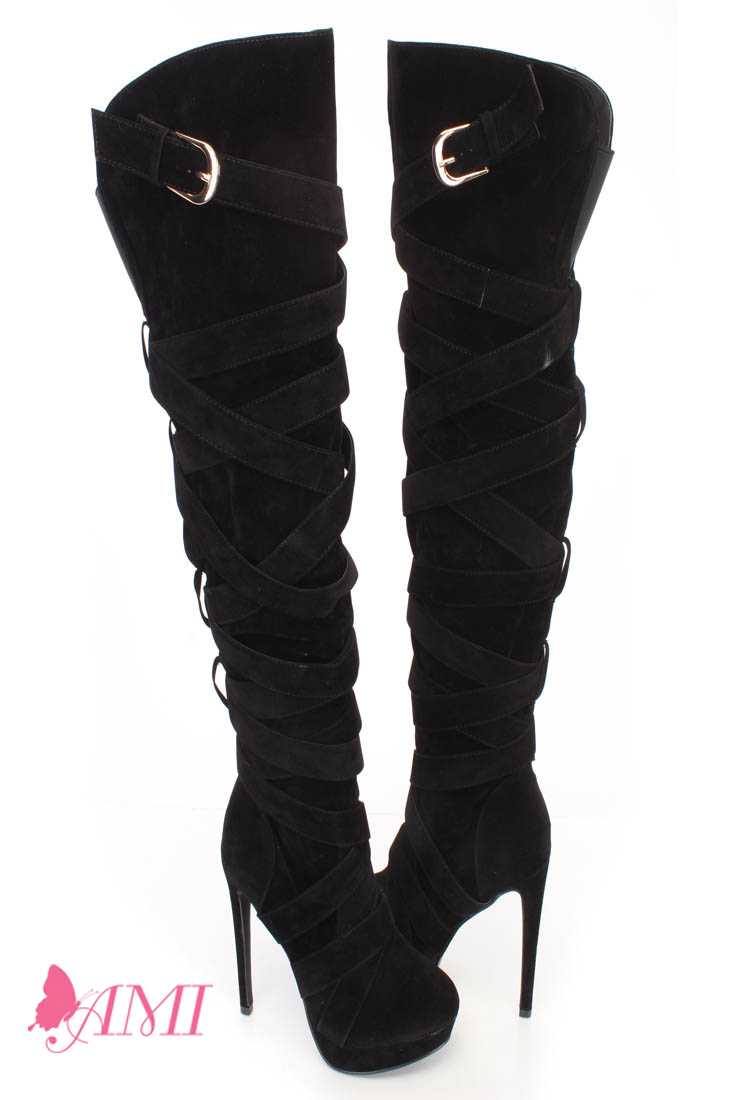 Black Wrap Around Strappy Thigh High Heel Boots Faux Suede