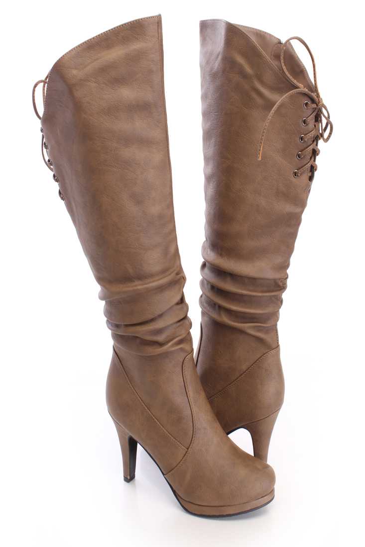 Cognac Slouchy Knee High Boots Faux Leather