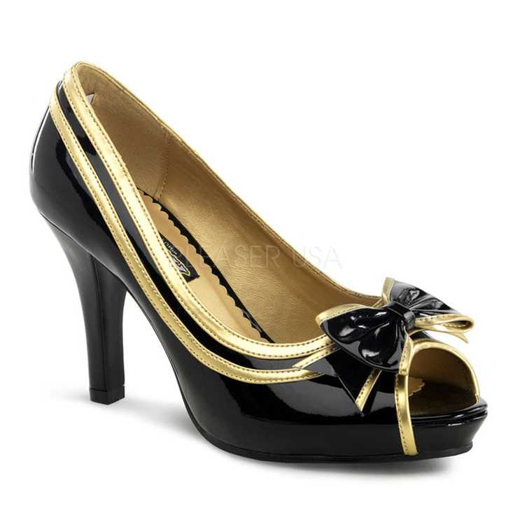 Black Gold Patent Peep Toe Pump With Bow Decor AMI+