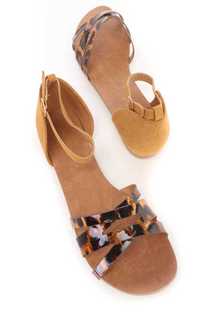 Leopard Strappy Detailing Open Toe Sandals Faux Leather