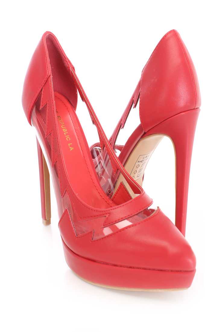 Red Side Cut Out Pump High Heels Faux Leather