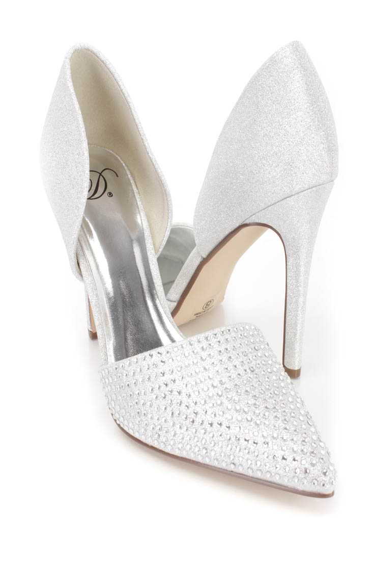 Silver Rhinestone Pointy Toe Single Sole Heels Glitter Fabric