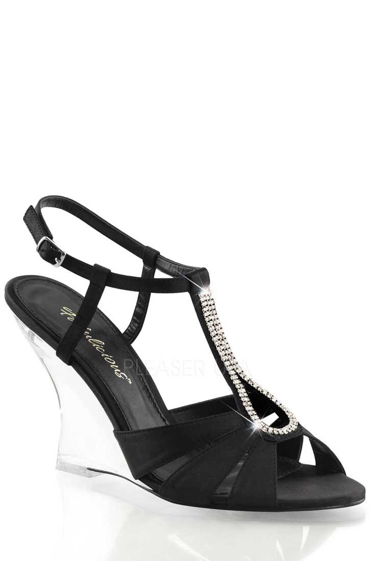 Black Rhinestone Single Sole Wedges Satin