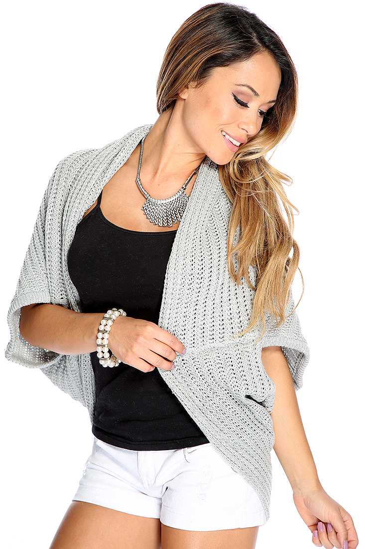 Grey Knitted Open Front Quarter Sleeve Cardigan