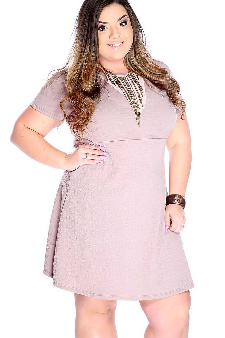 Sexy Taupe Mesh Cut Out Short Sleeve Plus Size A-line Party Dress