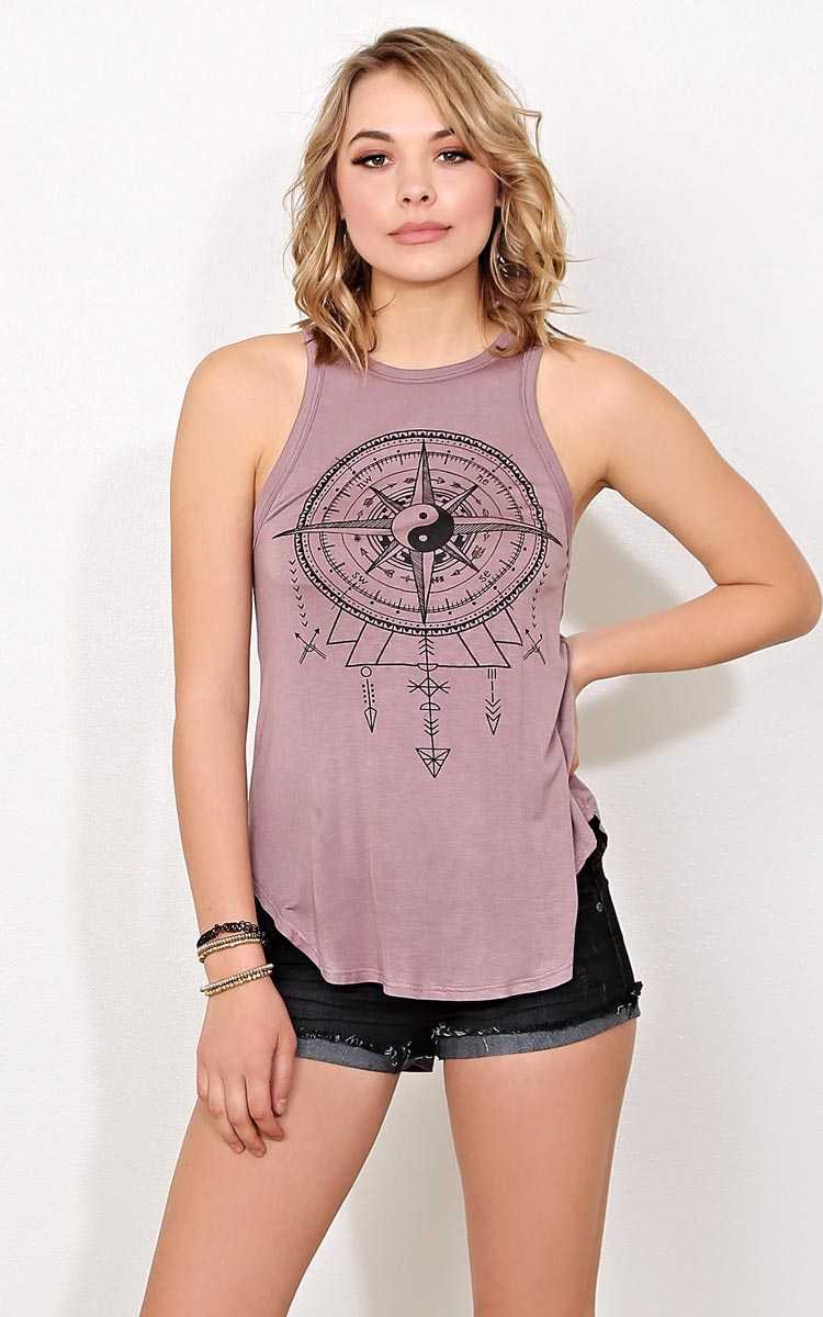 Balanced Compass Graphic Tank - MED - Dusty Plum in Size Medium by Styles For Less