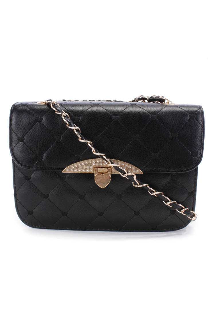 Black Quilted Stitching Faux Leather Handbag