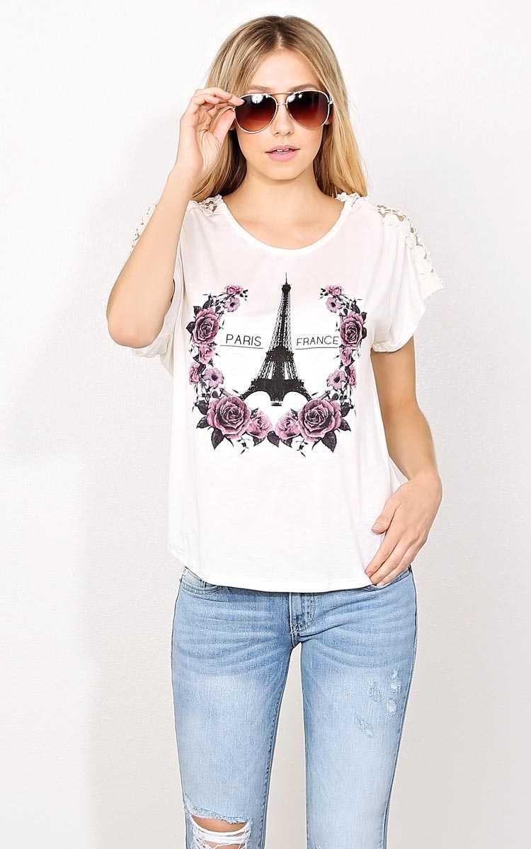 PARIS FRANCE Crochet Inset Graphic Tee - - Ivory Combo in Size by Styles For Less