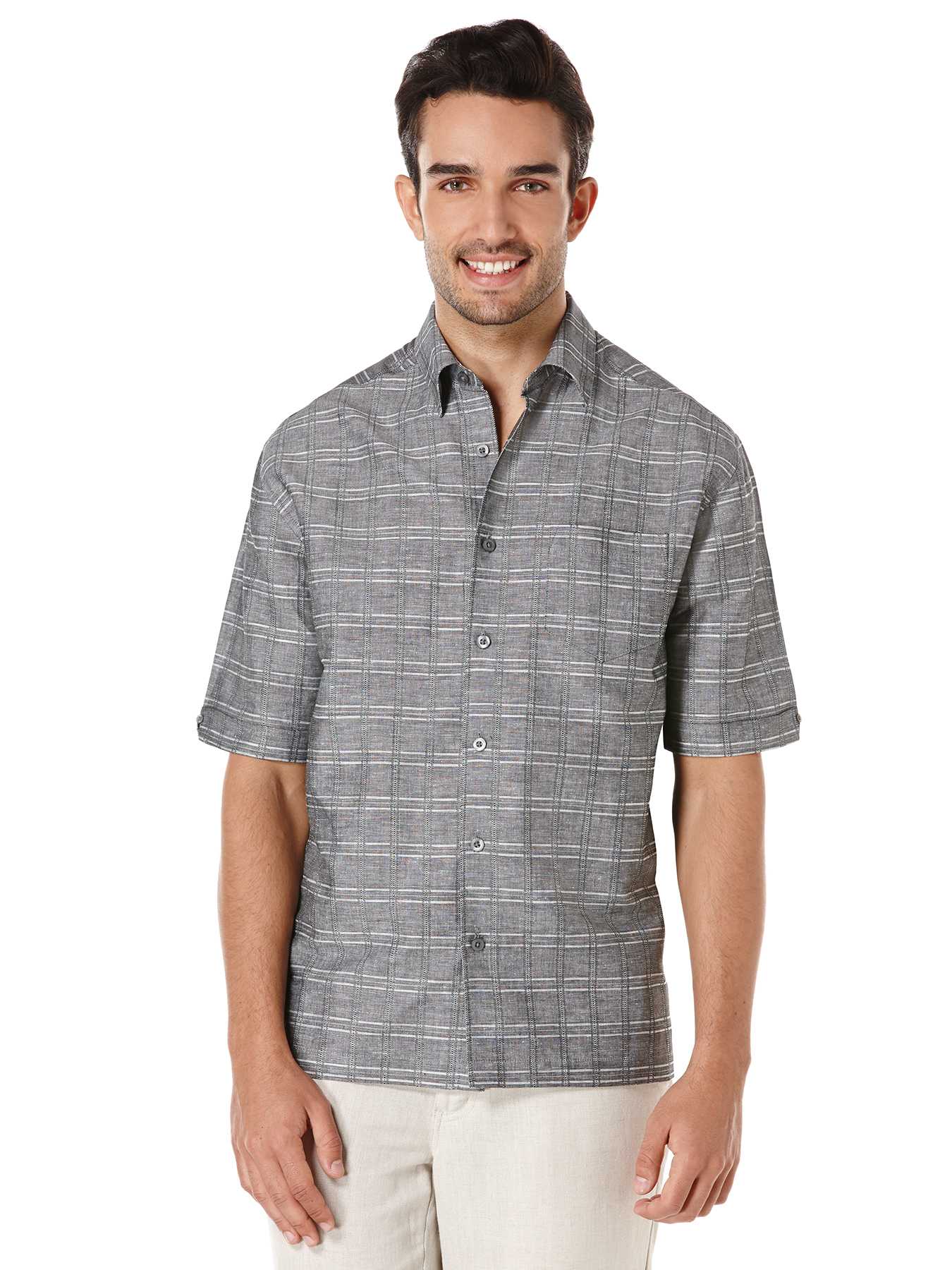 Cubavera Linen Cotton Short Sleeve Tonal Dobby Plaid