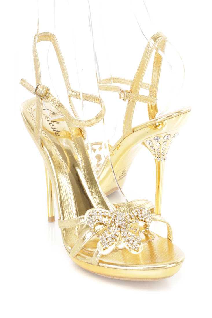 Gold Rhinestone Bow Tie Strappy Heels Faux Leather