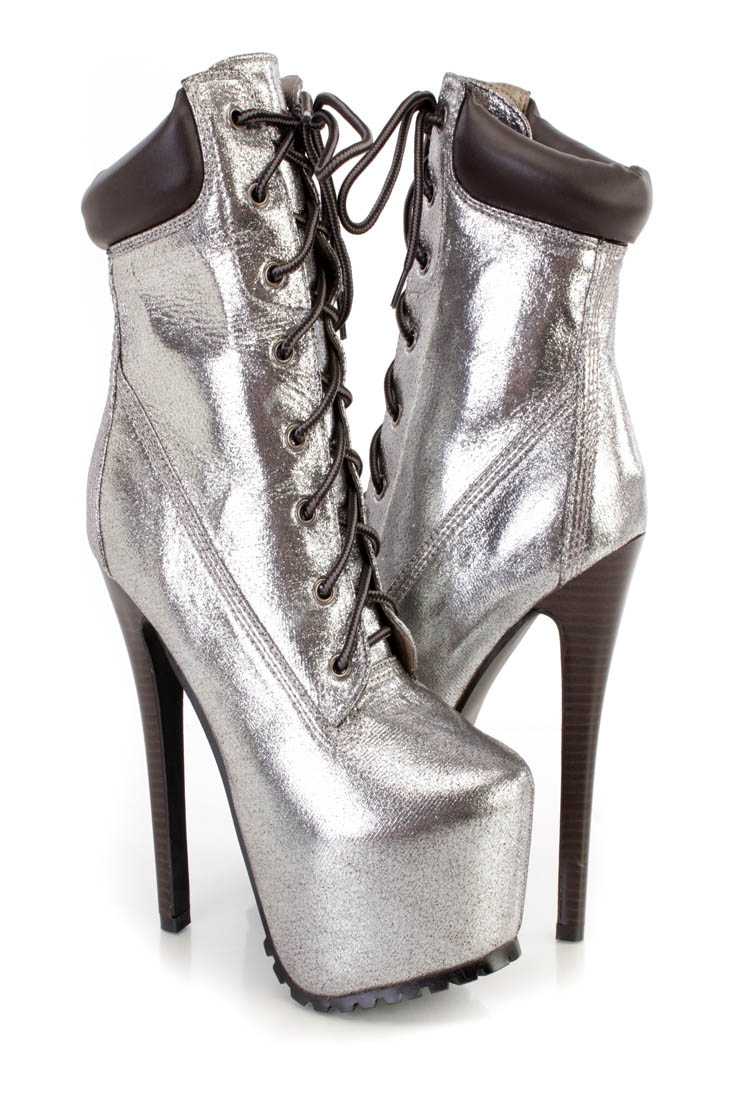 Pewter Lace Up Platform High Heel Booties Shimmer Fabric