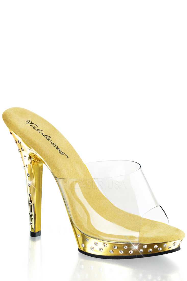Clear Gold Chrome Rhinestone Peep Toe High Heels PVC