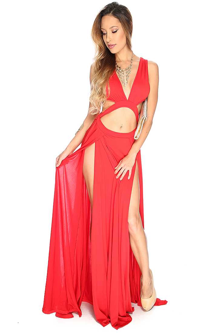 Red Cut Out Double Thigh High Slit Maxi Prom Dress