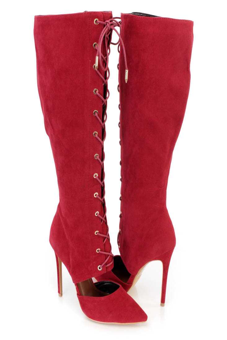 Wine Knee High Single Sole High Heel Boots Faux Suede