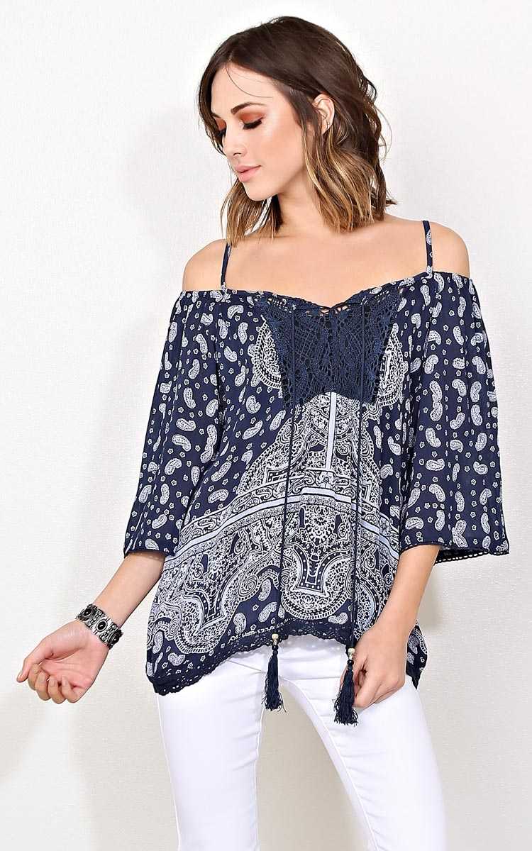 ANGIE Paisley Dreams WovenTop - MED - Navy Combo in Size Medium by Styles For Less