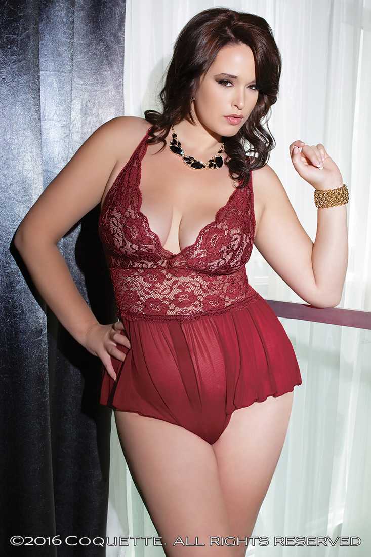 Merlot Crotchless Lace Mesh Plus Size Teddy