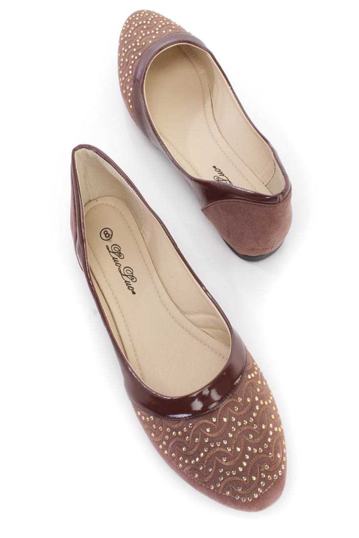 Brown Embroidered Rhinestone Flats Faux Suede
