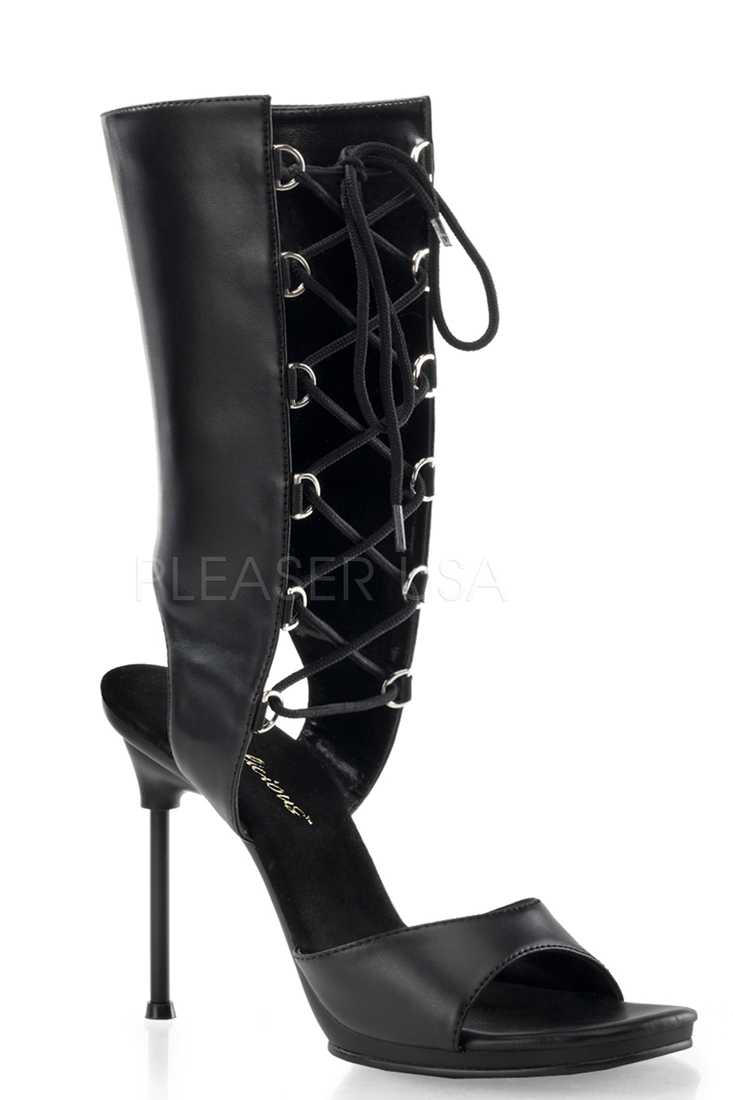 Black Mid Calf Lace Up Sandal Booties Faux Leather